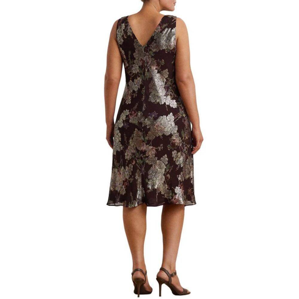 Lauren Ralph Lauren Womens Floral Metallic Jacquard Cocktail Dress 12 Burgundy - Picture 3 of 4